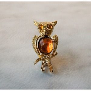 Vintage Small Rhinestone Owl pin , Topaz jelly belly Style , Gold Tone Brooch